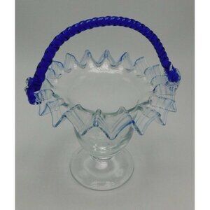 Hand Blown Art Glass Basket Blue Twisted Handle Ruffled Edge Clear Pedestal